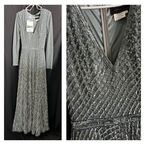 Mac Duggal 5507 NWT Silver Sequined Long Sleeve Gown